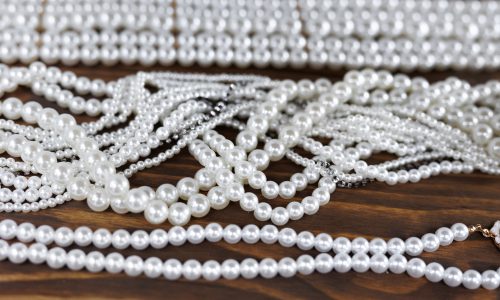 A large selection of natural pearl jewelry in the wedding salon, shop